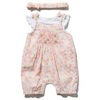Baby girl multi colour ditsy floral print pure cotton frill top bow rompersuit and headband set - Light Pink
