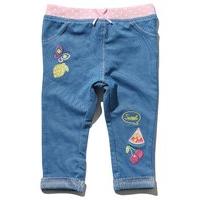 Baby girl cotton rich blue polka dot stretch waistband embroidered fruit design turn up jeggings - Light Blue