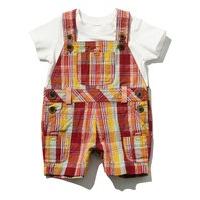 Babu boy 100% cotton red check pattern bibshort dungarees and plain white t-shirt outfit set - Red