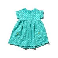 Baby girl cotton rich short sleeve teal base white spot pattern front pockets dipped back hem dress - Teal