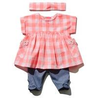 Baby girl cotton rich short sleeve pink check smock top chambray bow hem leggings and headband set - Pink