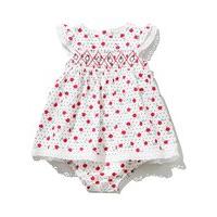 Baby girl 100% cotton short frill sleeve broderie anglaise trim cherry print button back smock dress - White