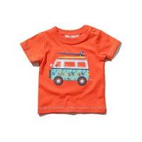 Baby boy 100% cotton short sleeve Tangerine campervan surfs up slogan applique button fastening t-shirt - Tangerine