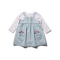 Baby girl polka dot front pocket flower embroidered pinny dress with long sleeve integral bodysuit - Denim