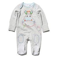 Baby boy grey marl long sleeve press button fastening giraffe applique integral feet sleepsuit - Grey Marl