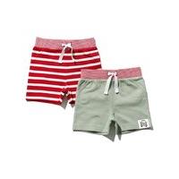 Baby boy soft cotton lightweight red stripe plain green car theme stretch waist shorts two pack G - Green