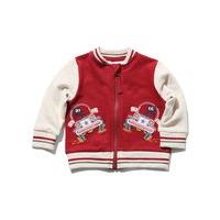 Baby boy cotton rich contrasting red and cream long sleeve zip through car applique bomber jacket - Red