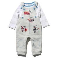 Baby boy grey marl transport applique design with striped long sleeve top dungaree two piece set - Grey Marl