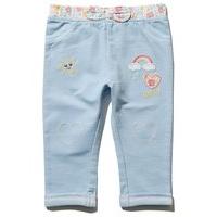 Baby girl cotton light wash floral stretch waist bow rainbow embroidery jeggings - Denim