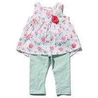 Baby girl cotton sleeveless pink floral print rose applique mint full length top and leggings set - White