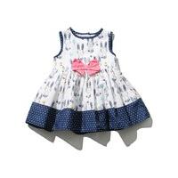 Baby girl white cotton rich sleeveless bunny print bow applique navy polka dot hem full skirt dress - White