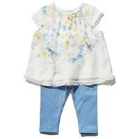 Baby girl short sleeve lace overlay butterfly pattern full length pull on top and leggings set - Blue