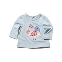 Baby Girl 100% Cotton Long Sleeve Polka Dot Bird Embroidered Everyday Top  - Pale Blue