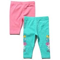 Baby girl full length stretch waistband plain pink and floral print turquoise leggings two pack - Turquoise