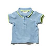 Baby boy 100% cotton light blue short sleeve green trim embroidered car design polo shirt - Mid Blue