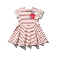 Baby girl cotton rich short sleeve grey marl and red stripe pattern chest pocket slogan skater dress - Grey
