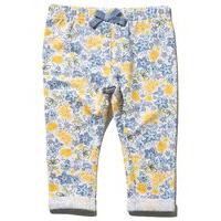 Baby girl yellow and blue floral print bow applique stretch waist full length turn up hem jegging - White