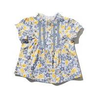 Baby girl 100% cotton blue and yellow short sleeve lace front yoke floral bird print frill trim top - White