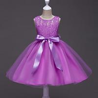 Ball Gown Short / Mini Flower Girl Dress - Lace Satin Tulle Jewel with Bow(s) Lace Sash / Ribbon