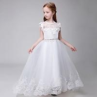 Ball Gown Chapel Train Flower Girl Dress - Tulle Sleeveless Jewel with Appliques / Beading