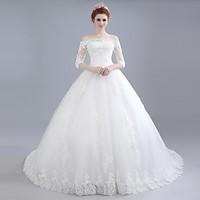 Ball Gown Wedding Dress Floral Lace Chapel Train Off-the-shoulder Lace Satin Tulle with Lace