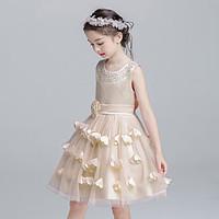 Ball Gown Short / Mini Flower Girl Dress - Satin Tulle Jewel with Bow(s) Flower(s) Sash / Ribbon