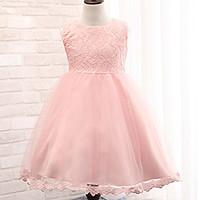 Ball Gown Knee-length Flower Girl Dress - Cotton Polyester Lace Tulle Jewel with Bow(s) Sash / Ribbon Pleats