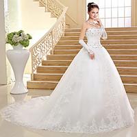 Ball Gown Wedding Dress Lacy Look Chapel Train Sweetheart Lace Tulle with Sequin Beading Appliques Bow