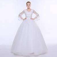 Ball Gown Wedding Dress Floor-length V-neck Tulle with Beading