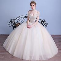 Ball Gown Wedding Dress Vintage Inspired Floor-length Off-the-shoulder Tulle with Crystal