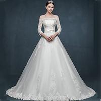 Ball Gown Wedding Dress Floral Lace Sweep / Brush Train Off-the-shoulder Tulle with Appliques