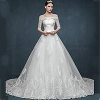 ball gown wedding dress floral lace chapel train off the shoulder tull ...