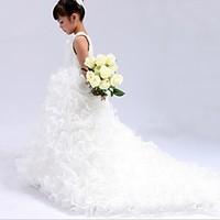 Ball Gown Cathedral Train Flower Girl Dress - Organza Sleeveless Jewel with Beading / Sash / Ribbon / Cascading Ruffles