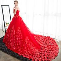 Ball Gown Wedding Dress Wedding Dress in Color Cathedral Train Strapless Satin Tulle with Flower