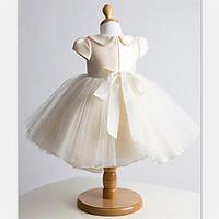 Ball Gown Short / Mini Flower Girl Dress - Tulle Short Sleeve Jewel with Bow(s) / Pearl Detailing