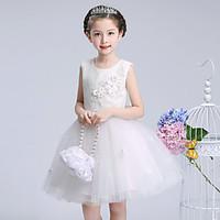 Ball Gown Short / Mini Flower Girl Dress - Satin Tulle Jewel with Appliques Bow(s) Crystal Detailing Pearl Detailing
