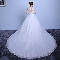 Ball Gown Wedding Dress Lacy Look Cathedral Train Scoop Lace Satin Tulle with Lace