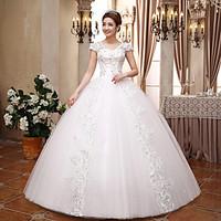 Ball Gown Wedding Dress Sparkle Shine Floor-length V-neck Lace Satin Tulle with Crystal Sequin