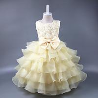Ball Gown Knee-length Flower Girl Dress - Polyester Organza Satin Jewel with Appliques Bow(s) Sash / Ribbon