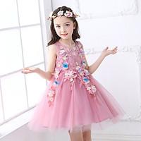 Ball Gown Short / Mini Flower Girl Dress - Cotton Lace Tulle Jewel with Appliques Bow(s) Pearl Detailing Sash / Ribbon