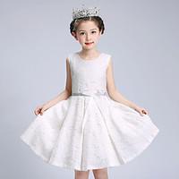 Ball Gown Short / Mini Flower Girl Dress - Lace Jewel with Bow(s) Crystal Detailing Lace