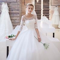 Ball Gown Wedding Dress Floral Lace Sweep / Brush Train Scoop Satin Tulle with Appliques