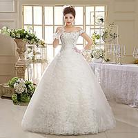 Ball Gown Wedding Dress Sparkle Shine Floor-length Off-the-shoulder Lace Tulle with Appliques Sequin Beading