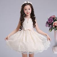 Ball Gown Short / Mini Flower Girl Dress - Cotton Lace V-neck with Bow(s) Buttons Sash / Ribbon