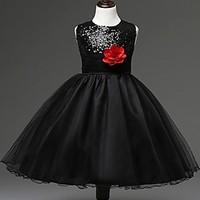 Ball Gown Knee-length Flower Girl Dress - Organza Sleeveless Jewel with Flower(s) / Sequins