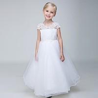 Ball Gown Ankle-length Flower Girl Dress - Lace / Tulle Short Sleeve Jewel with Appliques / Beading