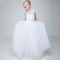 Ball Gown Ankle-length Flower Girl Dress - Tulle Sleeveless High Neck with Appliques / Beading