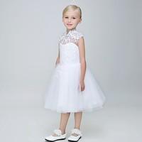 ball gown knee length flower girl dress tulle high neck with beading a ...