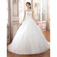 Ball Gown Wedding Dress Sparkle Shine Court Train Strapless Tulle with Appliques Beading Criss-Cross