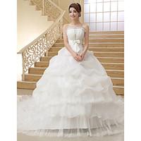 Ball Gown Wedding Dress Vintage Inspired Chapel Train Strapless Organza with Bow Pick-Up